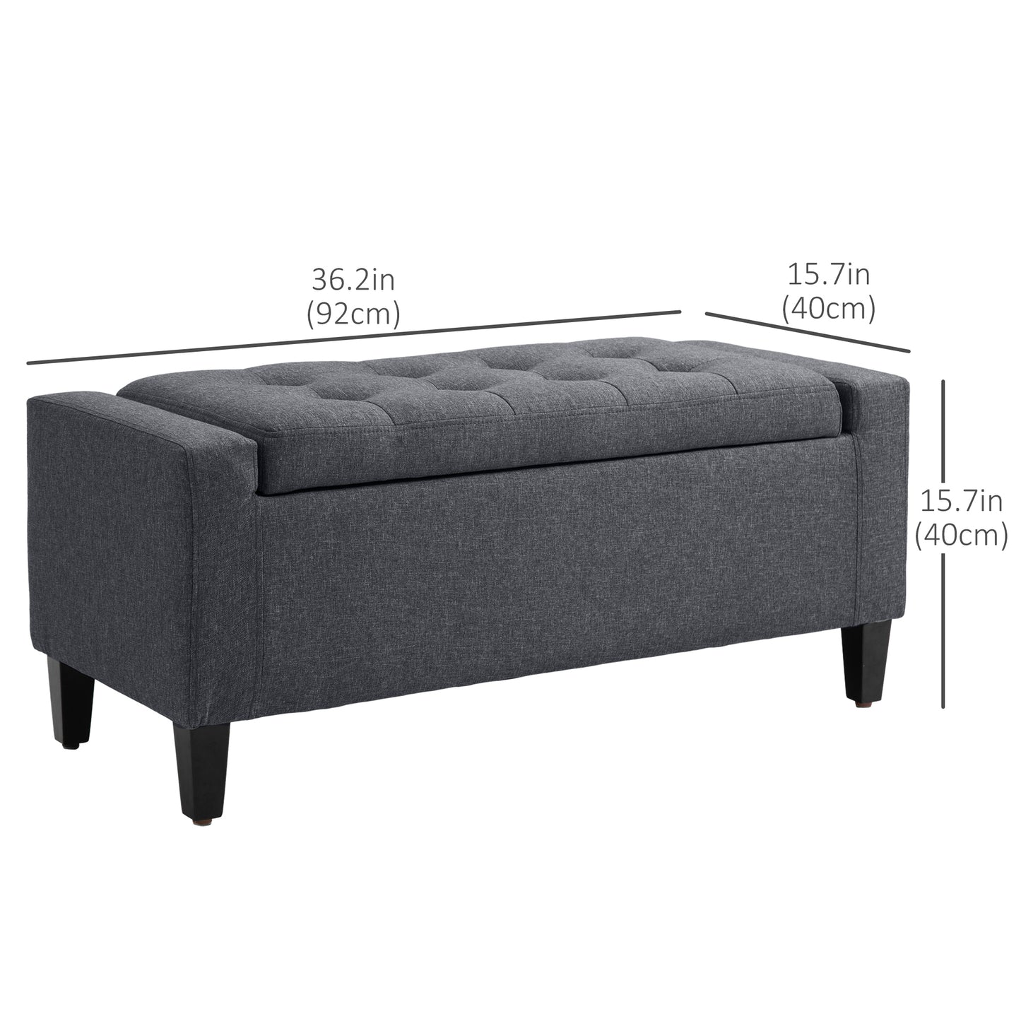 Linen Upholstered Storage Ottoman Bench with Tufted Design, Dark Gray