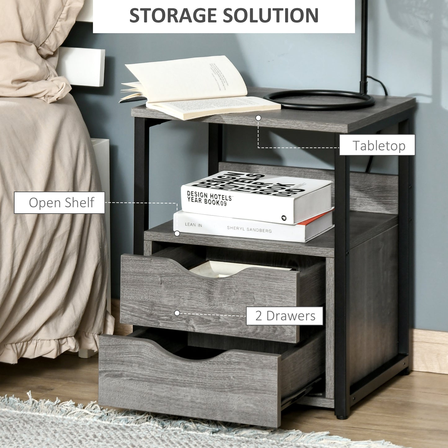 Industrial Style Nightstand with 2 Drawers and Storage Shelf, Gray