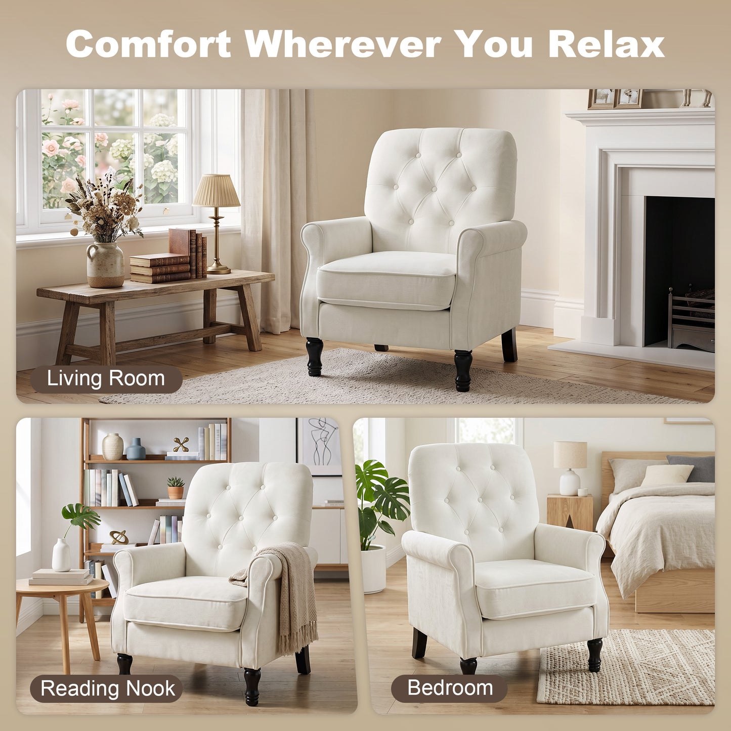 Upholstered Accent Chair with Pillow, Cream White