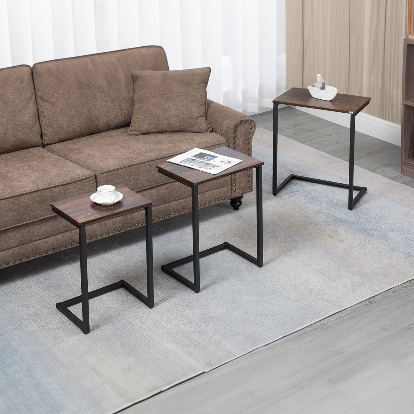C-Shaped Nesting Side Table Set of 3 with Steel Frame - Vintage Brown