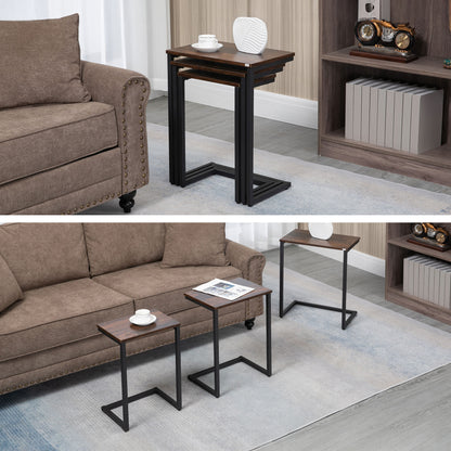 C-Shaped Nesting Side Table Set of 3 with Steel Frame - Vintage Brown