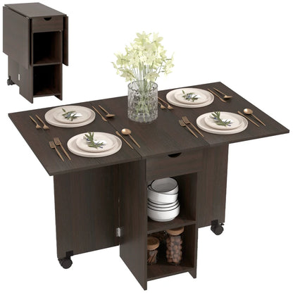 Folding Dining Table with Drawer and Storage Shelves - Dark Brown