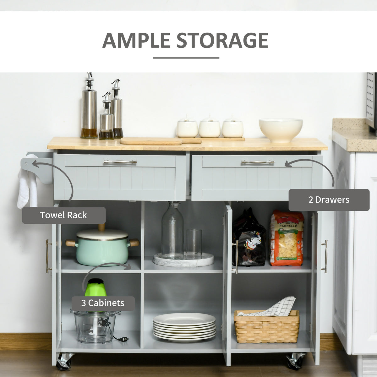 Rolling Kitchen Island Cart with Towel Rack and 3 Cabinets and 2 Drawers, Grey