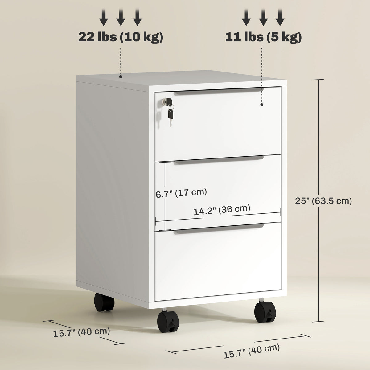 3-Drawer File Cabinet with Wheels, Vertical Filing Cabinet with Lock, White