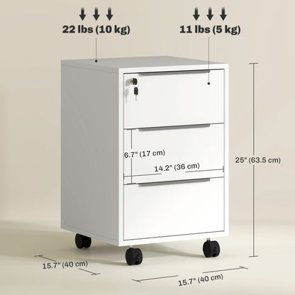 3-Drawer File Cabinet with Wheels, Vertical Filing Cabinet with Lock, White