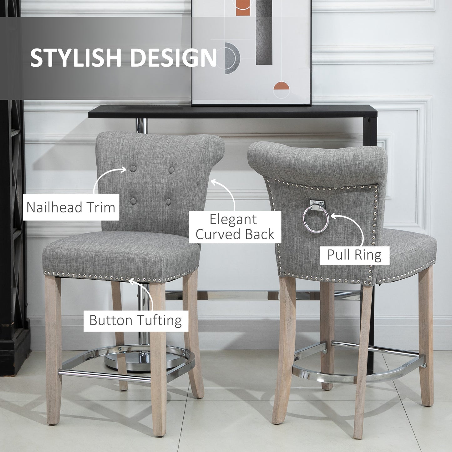 Upholstered Counter Stools with Button Tufted Back and Wood Legs, Gray (Set of 2)