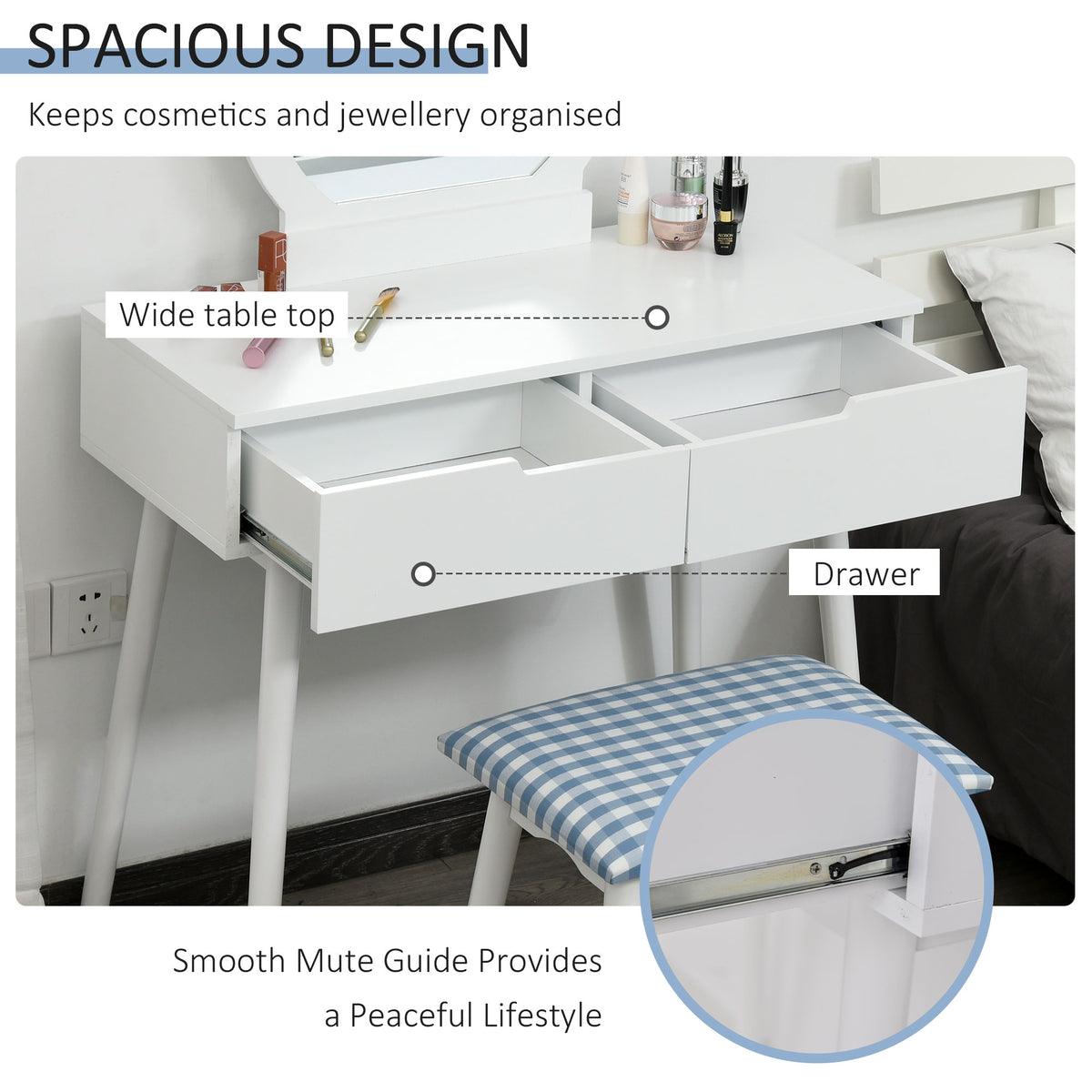 Makeup Vanity Desk with Round Mirror and Stool, White