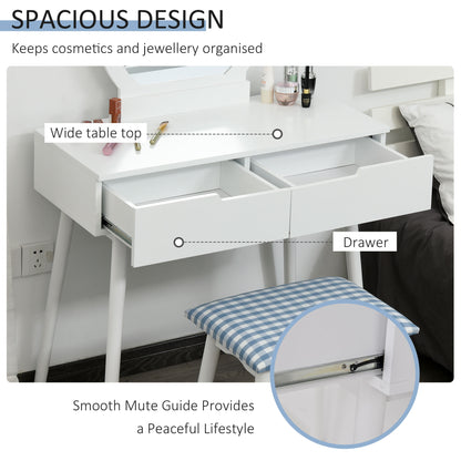 Makeup Vanity Desk with Round Mirror and Stool, White
