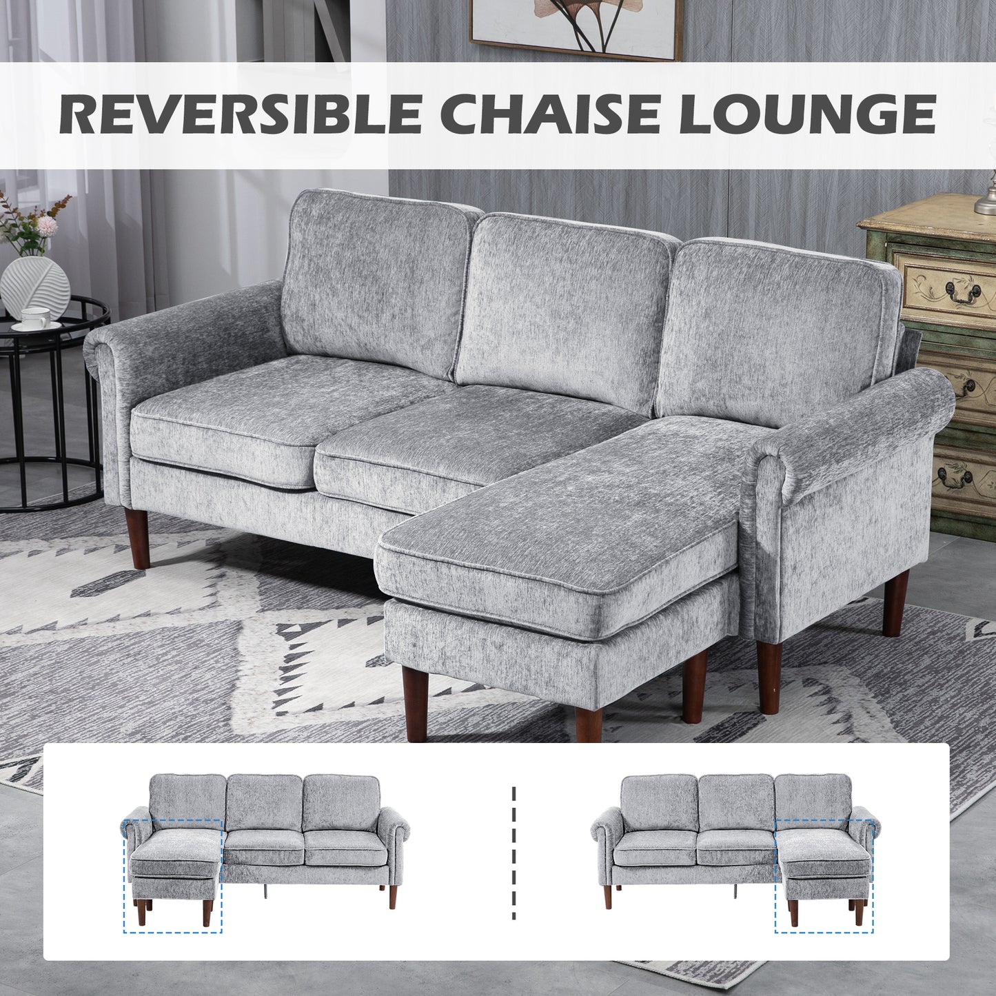 L-Shaped Sectional Sofa with Reversible Chaise Lounge, Grey