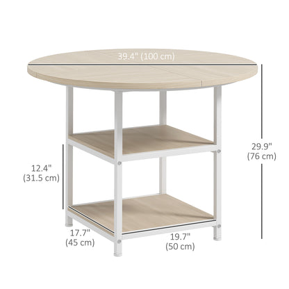 39" Round Industrial Dining Table with Storage Shelves for 4-6 People, Oak