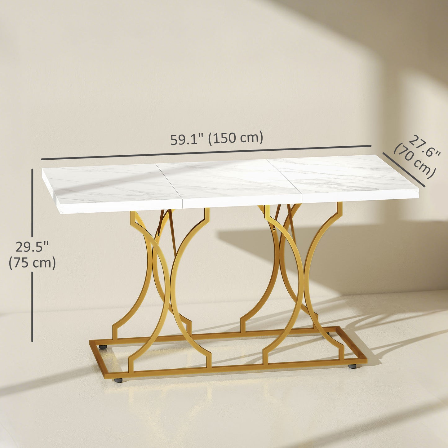 59" Dining Table with Marble Pattern and Metal Pedestal - White