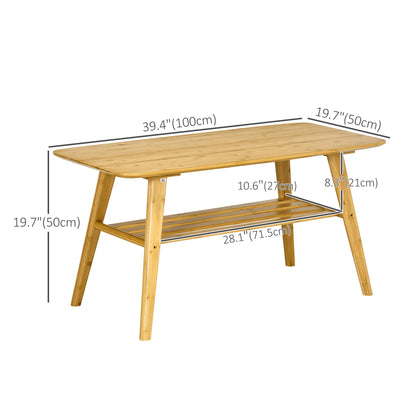 2-Tier Bamboo Coffee Table with Storage Shelf, Natural