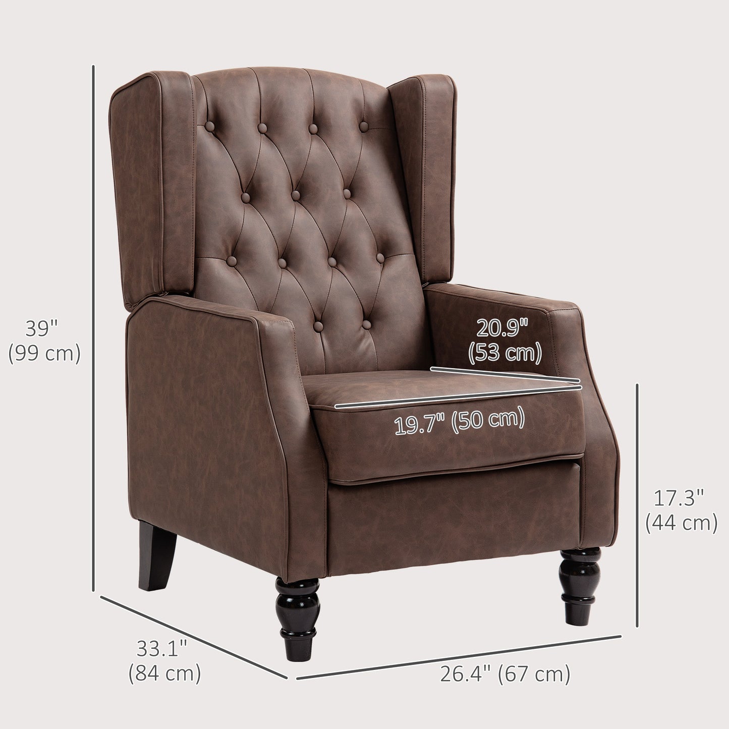 Button-Tufted Wingback Armchair with Faux Leather Upholstery, Brown