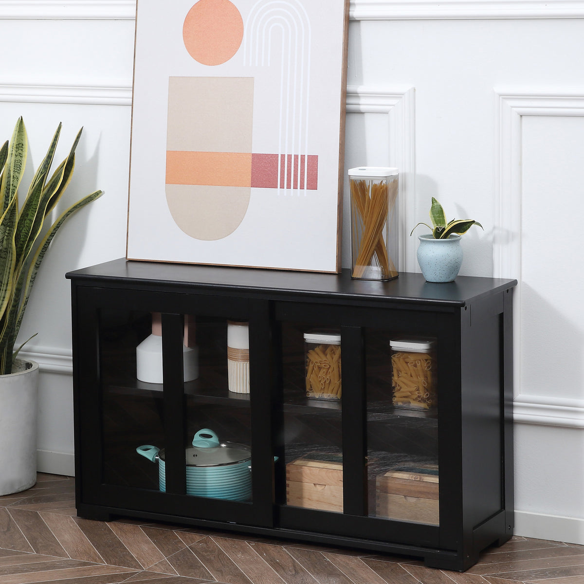Modern Sideboard with Sliding Glass Door, Black
