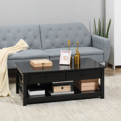 Farmhouse Coffee Table with Drawers and X-Frame, Black