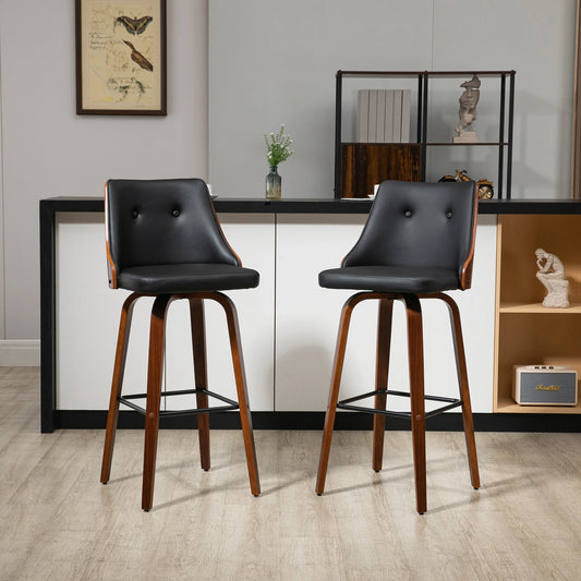 Swivel Bar Stools with Tufted PU Leather and Wood Legs, Black (Set of 2)
