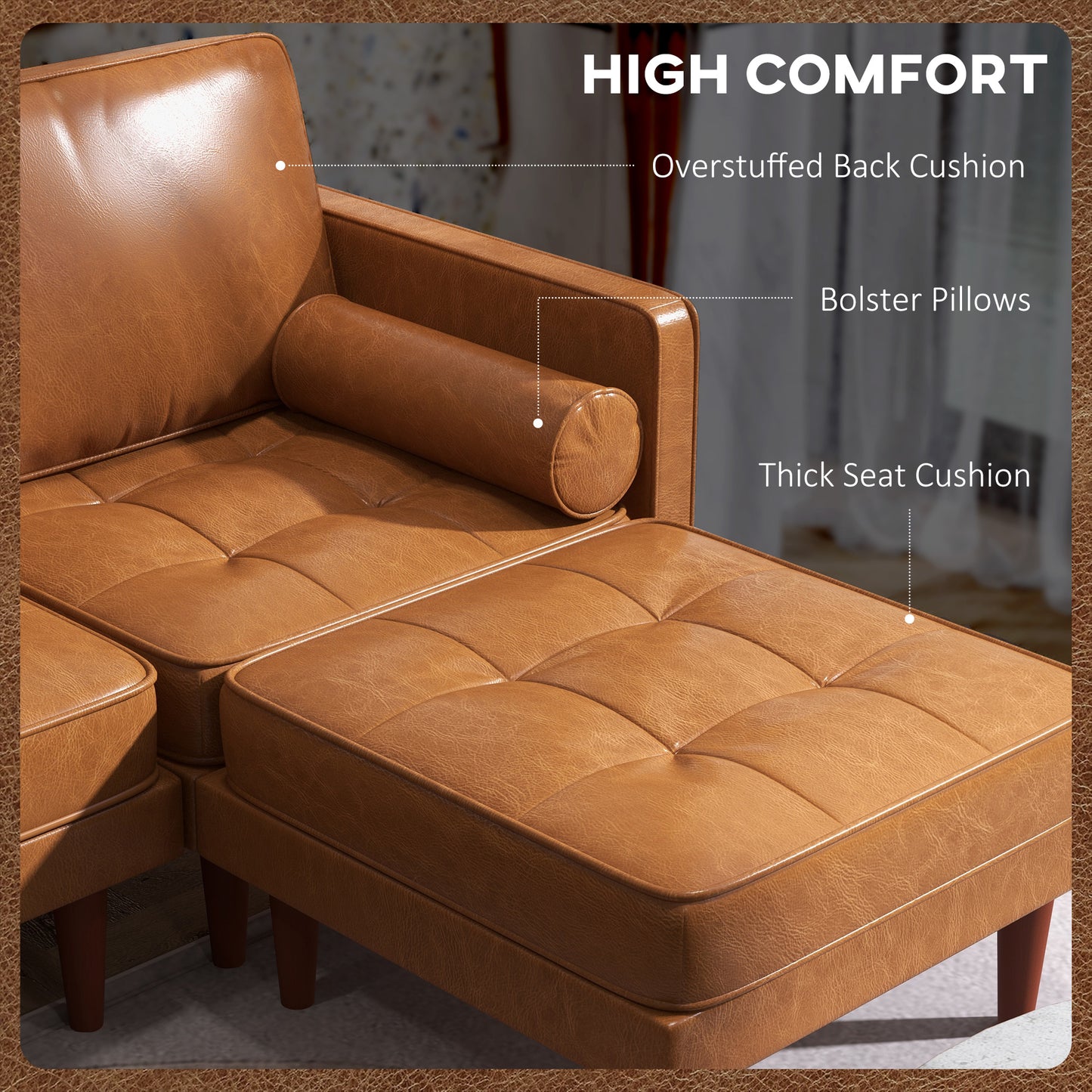 Faux Leather L-Shaped Sectional Sofa with Footstool and Pillows, Brown