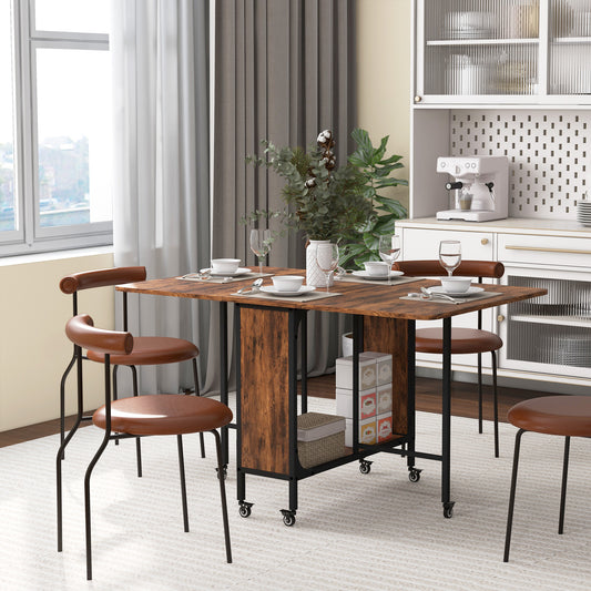 Folding Dining Table with Storage Shelf and 6 Wheels - Rustic Brown