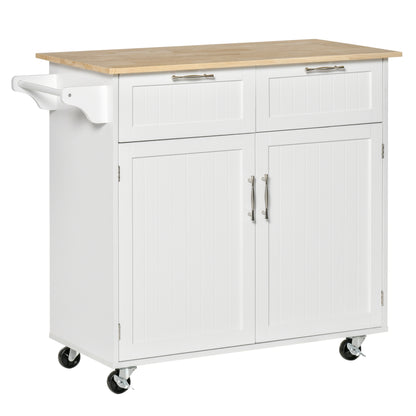 Rolling Kitchen Island Cart with Rubber Wood Top and Storage Drawers, White