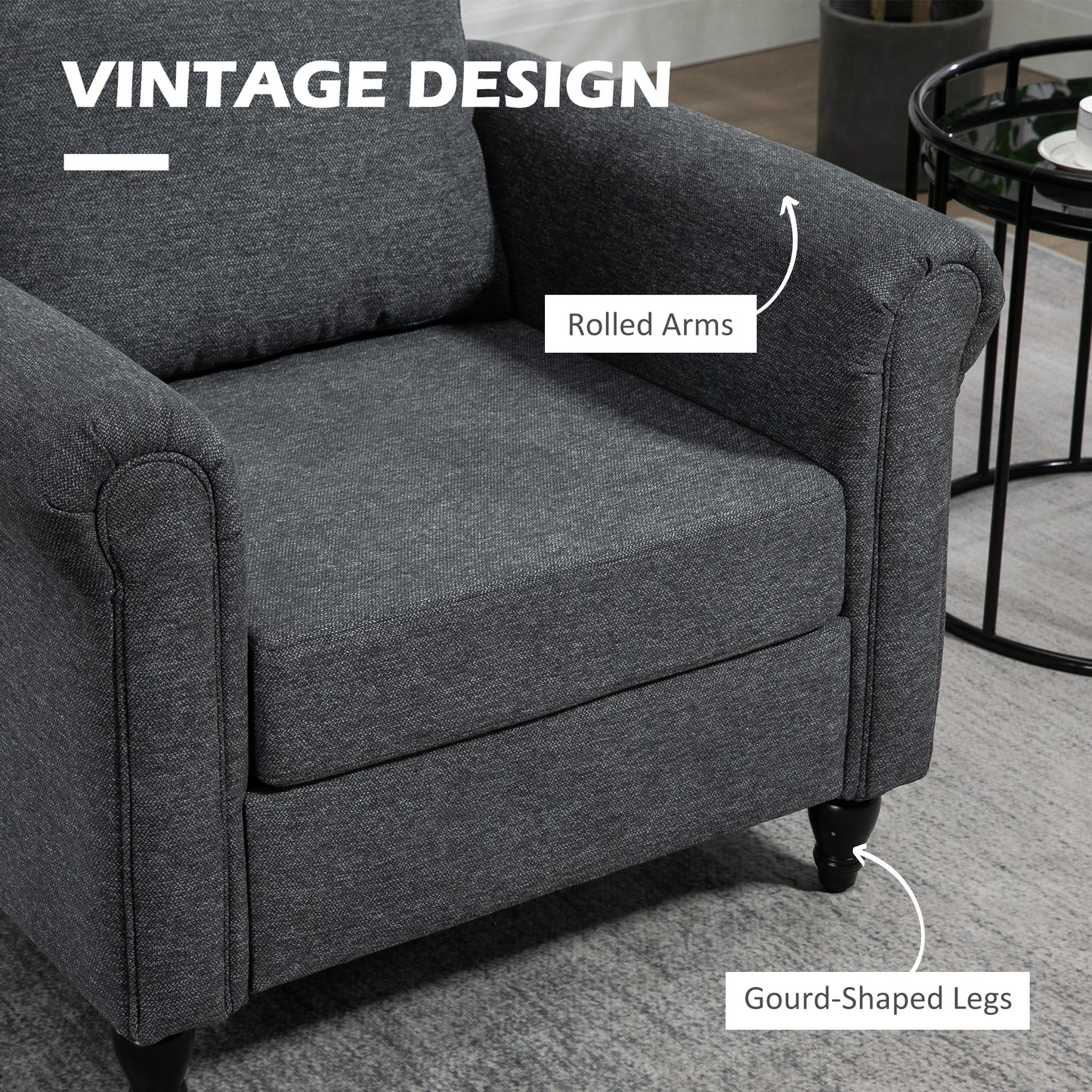 Vintage Armchair, Upholstered Accent Chair with Rolled Arms, Dark Gray