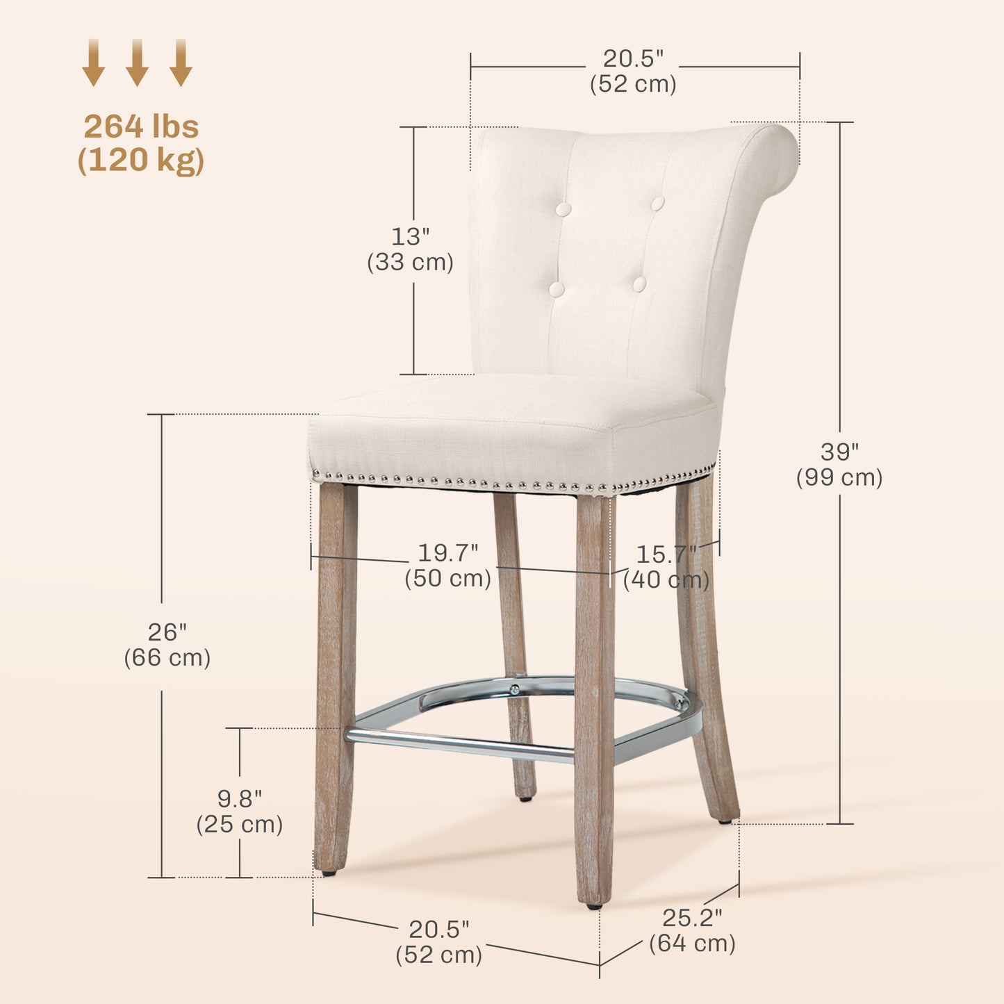 Upholstered Counter Stools with Button Tufted Back and Wood Legs, Cream White (Set of 2)