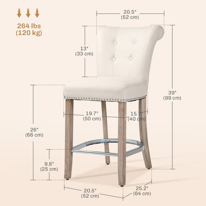 Upholstered Counter Stools with Button Tufted Back and Wood Legs, Cream White (Set of 2)