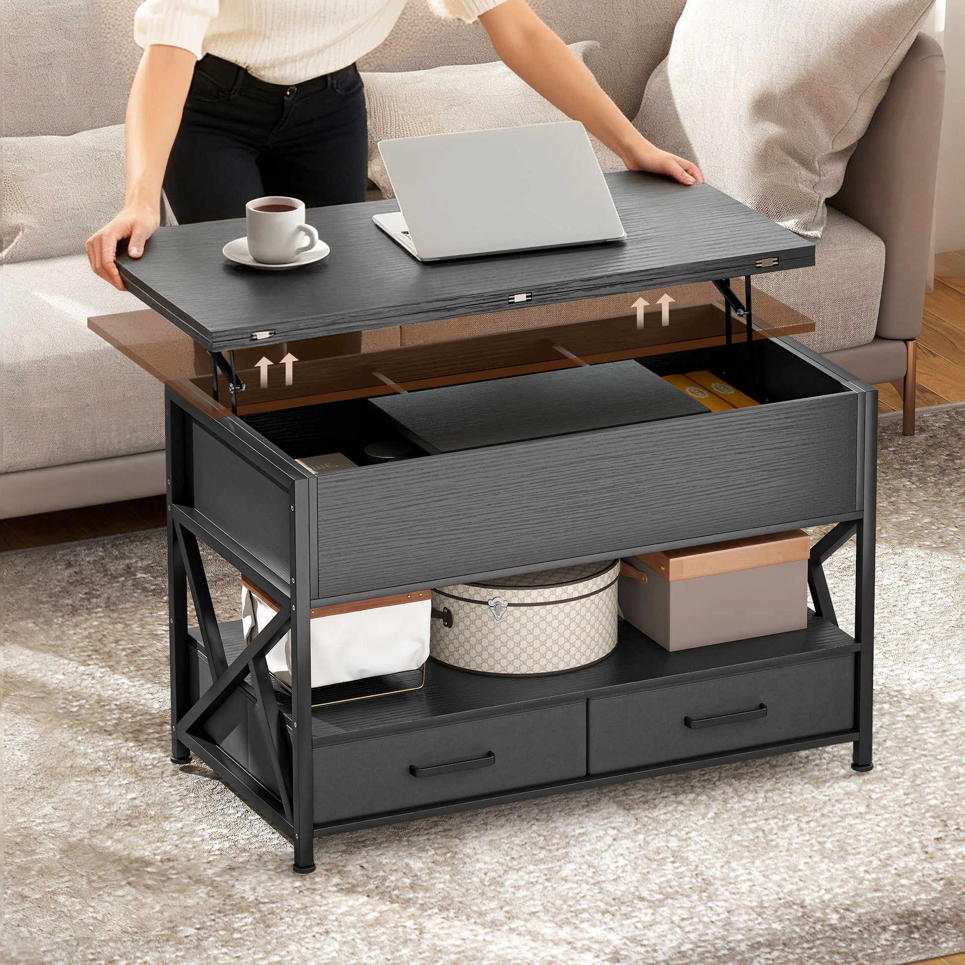 Modern Lift-Top Coffee Table with Storage, Distressed Black