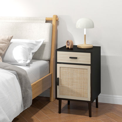 Boho Nightstands with Rattan Cabinet and Adjustable Shelf, Black (Set of 2)
