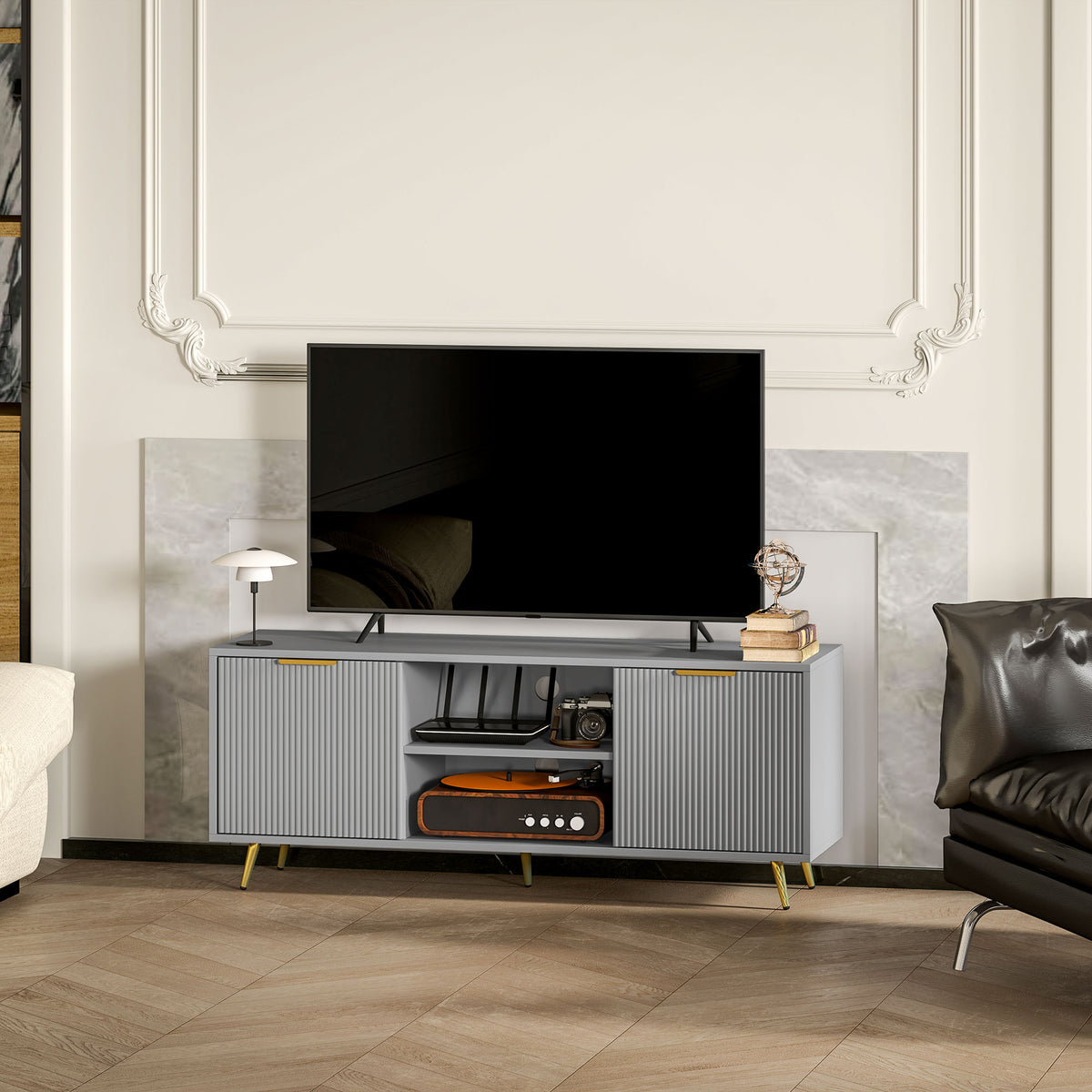 TV Stand with Open Shelves and Fluted Cabinets for TVs up to 55 Inch, Grey - view 6