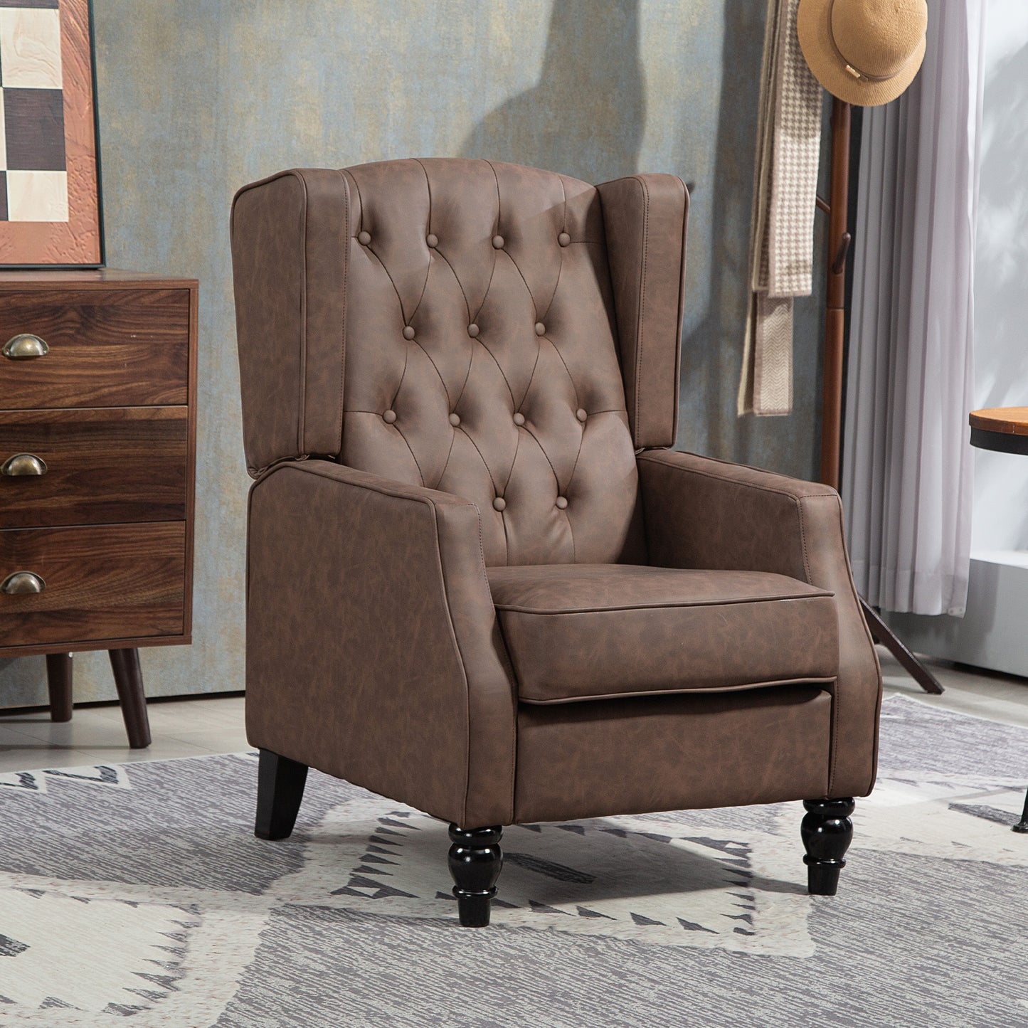 Button-Tufted Wingback Armchair with Faux Leather Upholstery, Brown