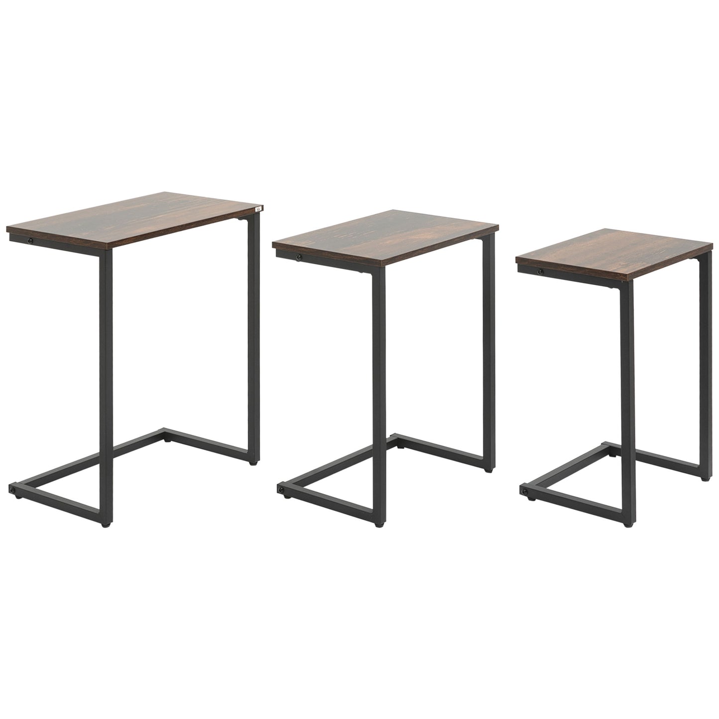 C-Shaped Nesting Side Table Set of 3 with Steel Frame - Vintage Brown