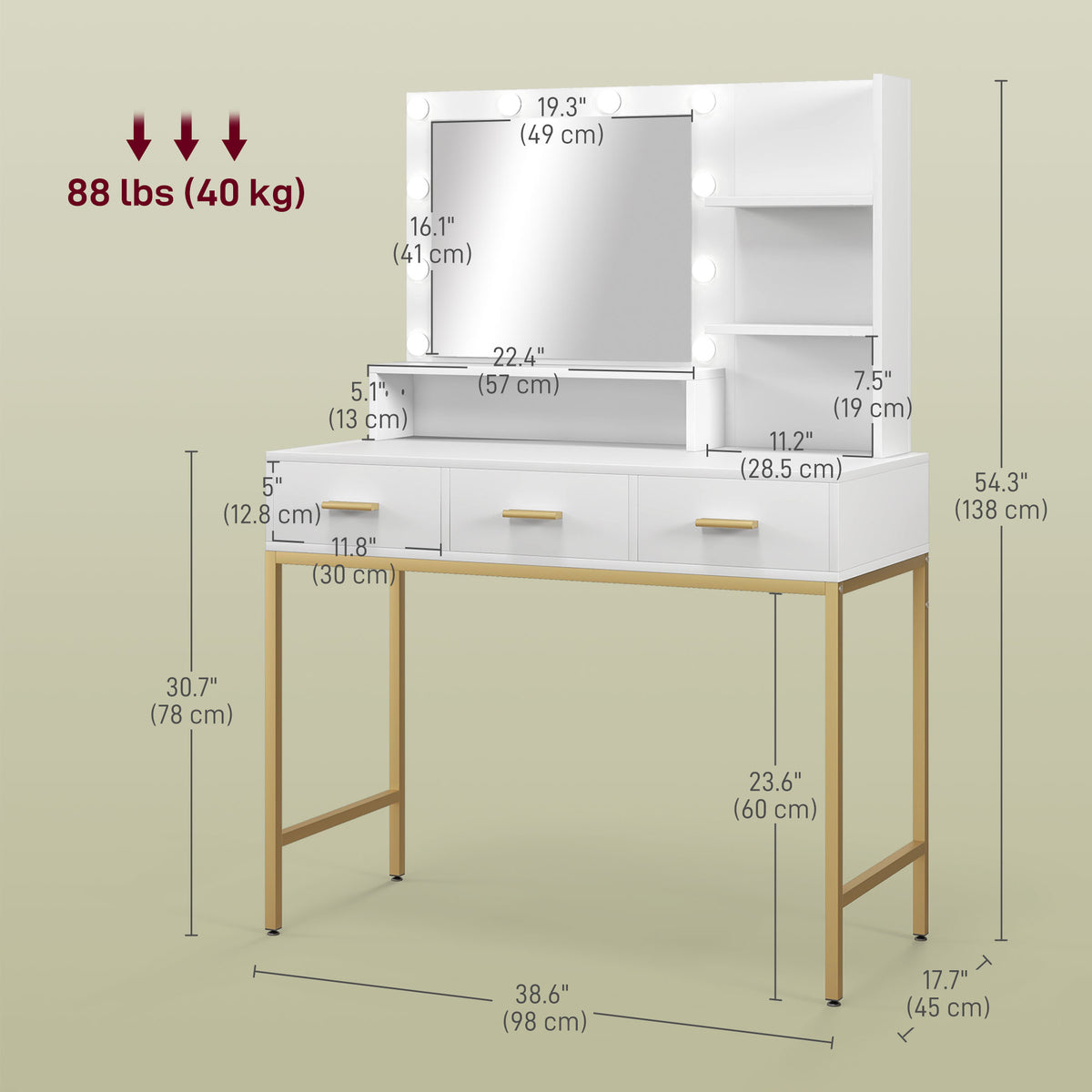 LED Vanity Table with Mirror, Drawers, and Shelves, White
