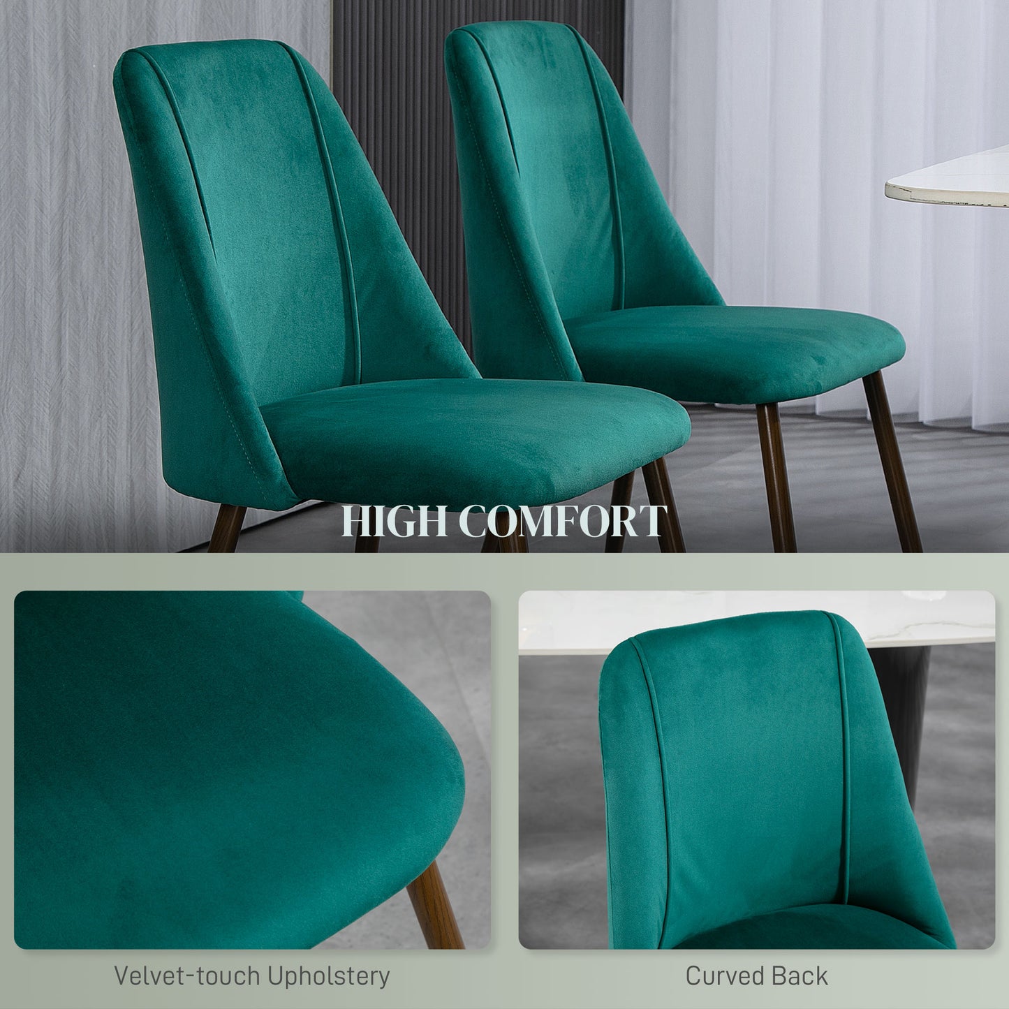 Velvet Accent Dining Chairs with Wood Grain Steel Legs, Green (Set of 4)