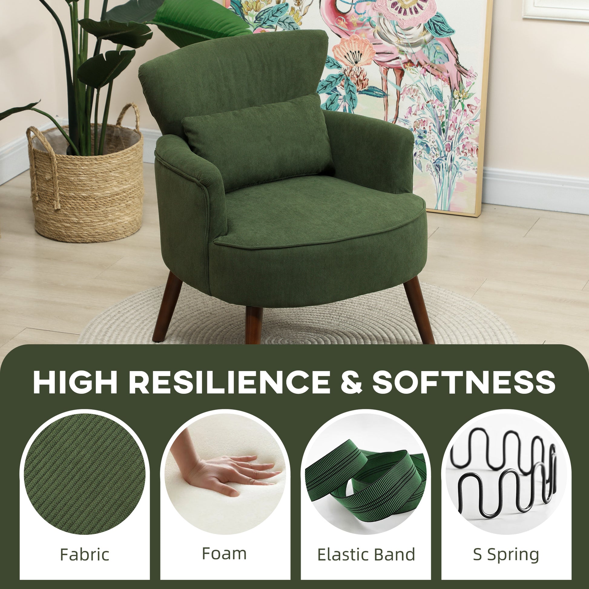 Upholstered Accent Chair with Wood Legs, Green