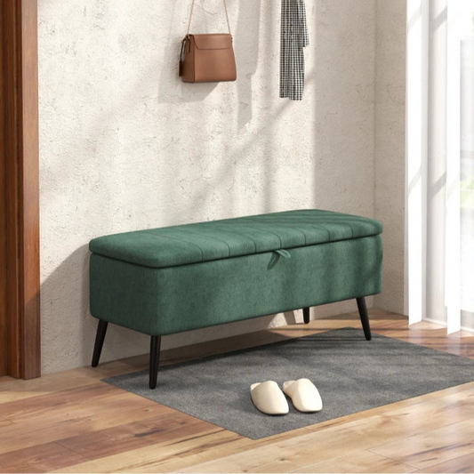 40" Linen Storage Ottoman Bench with Steel Legs, Dark Green