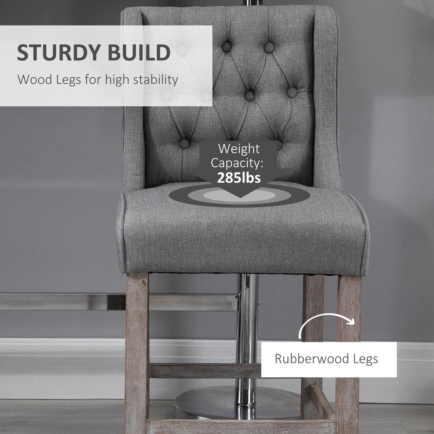 Upholstered Bar Stools with Tufted Nailhead Trim and Wood Legs, Gray (Set of 2)