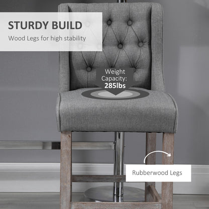 Upholstered Bar Stools with Tufted Nailhead Trim and Wood Legs, Gray (Set of 2)