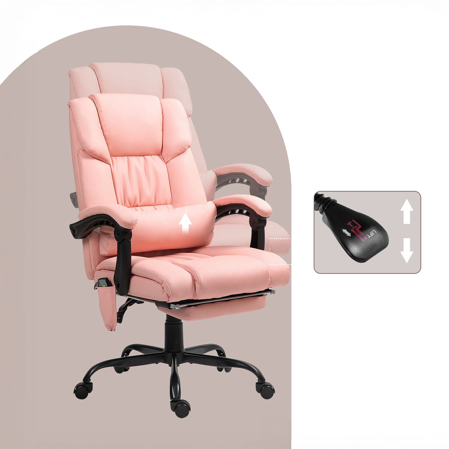 6-Point Massage Office Chair with Adjustable Height and Retractable Footrest, Pink