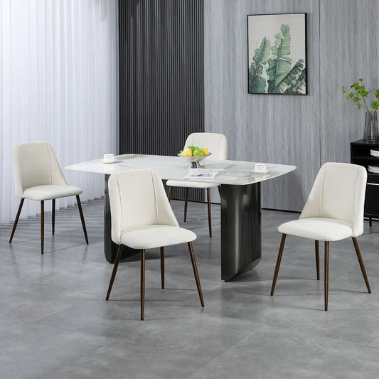 Velvet Upholstered Dining Chairs with Wood Grain Steel Legs, Cream White (Set of 4)