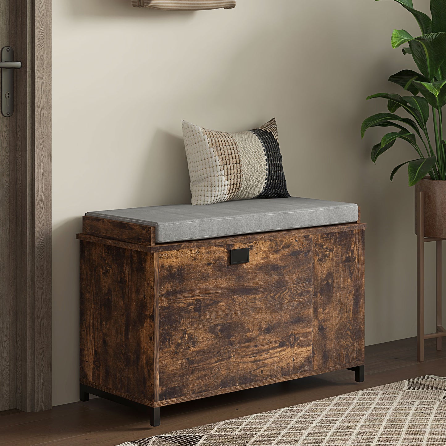 Upholstered Shoe Storage Bench with Flip Drawer and Side Rack for 6 Pairs, Rustic Brown