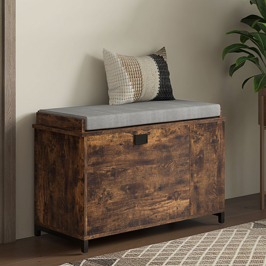 Upholstered Shoe Storage Bench with Flip Drawer and Side Rack for 6 Pairs, Rustic Brown