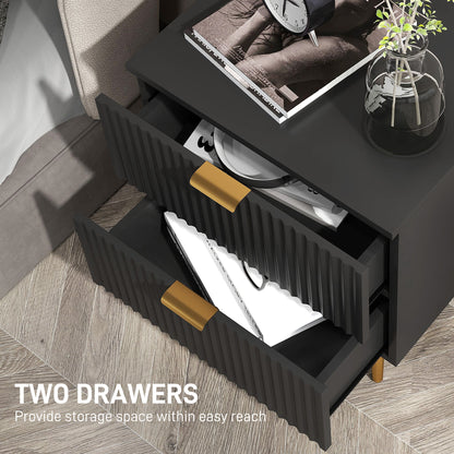 Modern Nightstand with Gold Finger Pulls and Fluted Drawers, Black