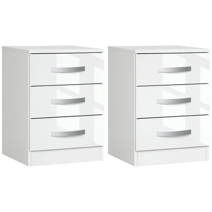 Modern High Gloss Nightstands with 3 Drawers, White (Set of 2)