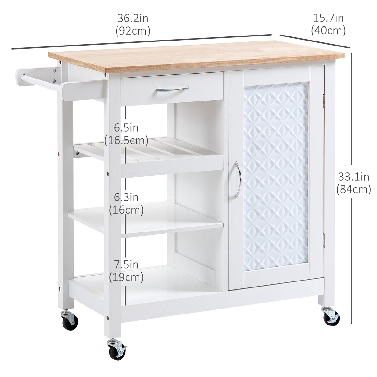 Rolling Kitchen Utility Cart with Drawer and Embossed Door Panel, White