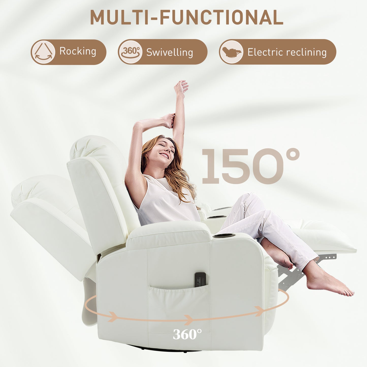 360° Swivel Massage Recliner Chair with Cup Holders, Cream White
