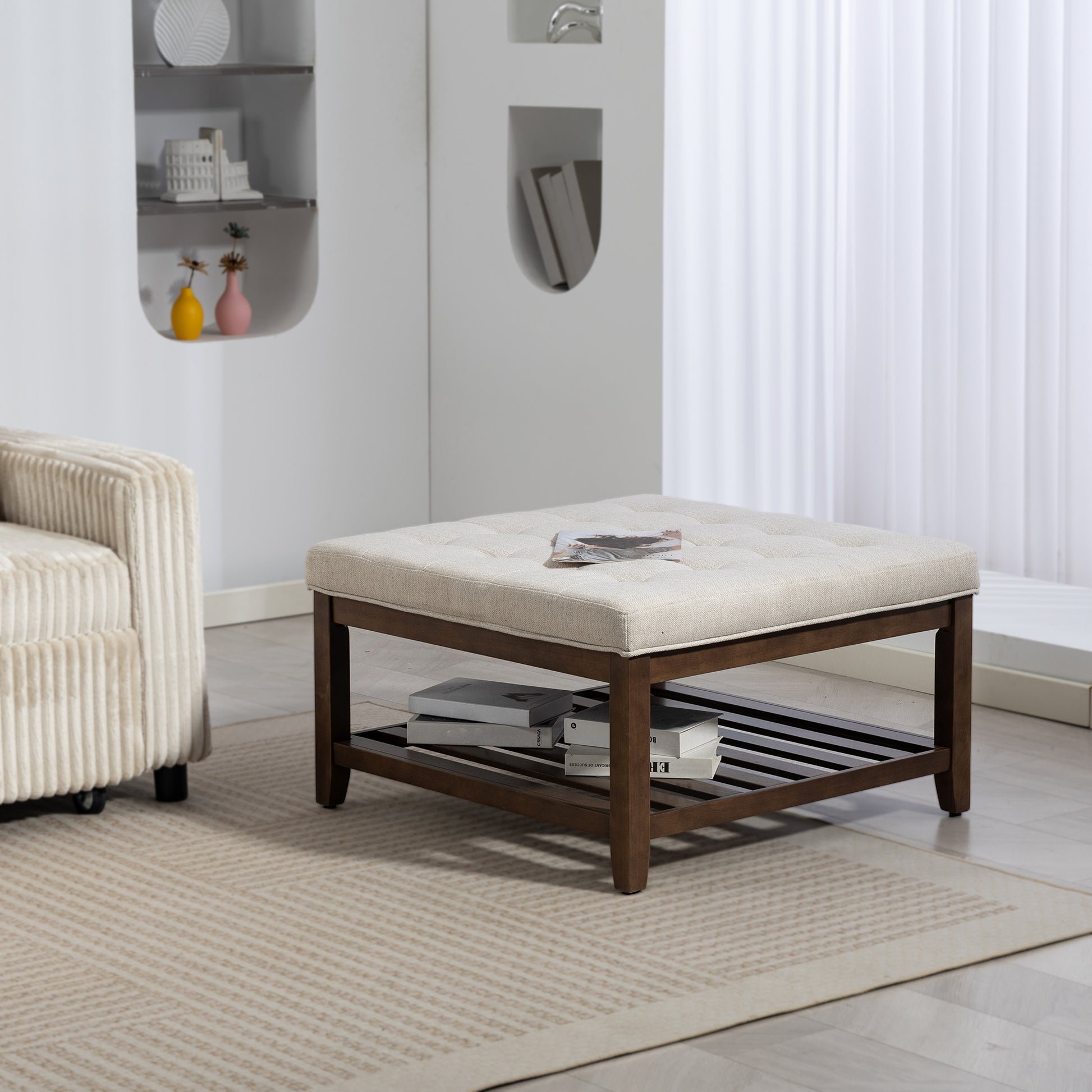 Rectangular Storage Ottoman with Tray Top, Beige