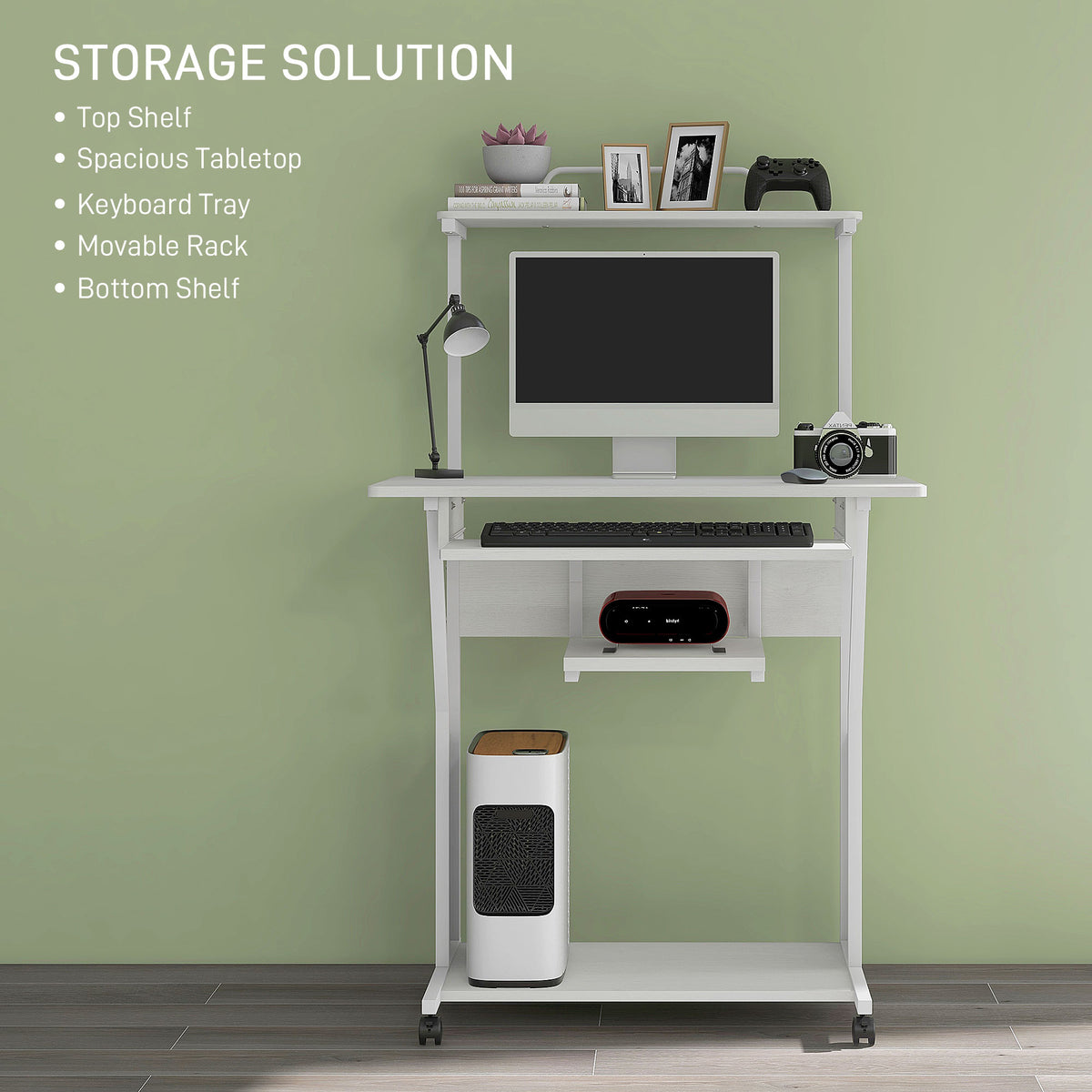 32" Mobile Computer Desk with Keyboard Tray and Shelves, White