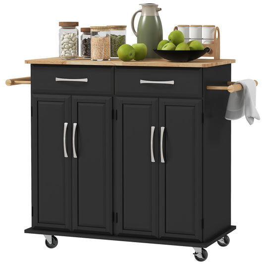 Rolling Kitchen Island Cart with Rubber Wood Top and 4 Doors and 2 Drawers