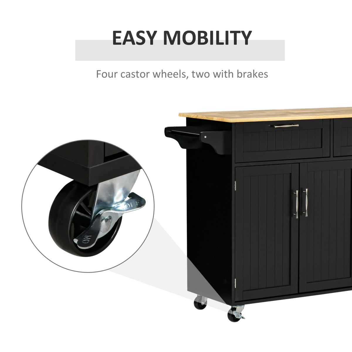 Rolling Kitchen Serving Cart with Cabinet and 2 Drawers, Black