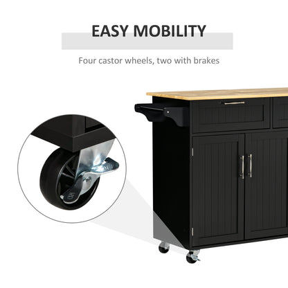 Rolling Kitchen Serving Cart with Cabinet and 2 Drawers, Black
